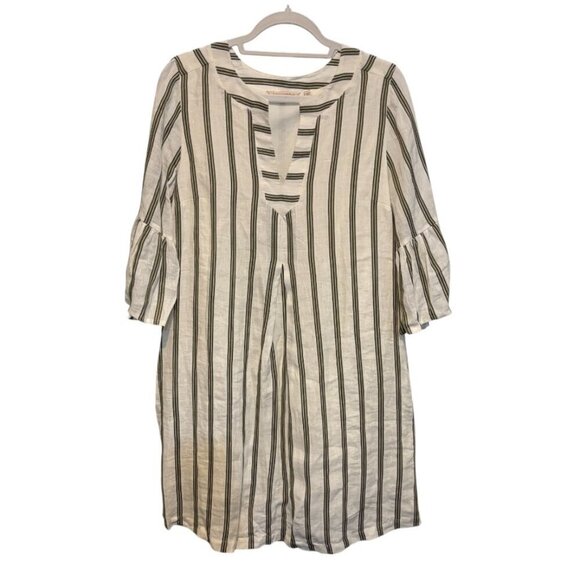 Soft Surroundings Linen Cotton Bell Sleeve Split V Neck Striped Shift Dress - Picture 2 of 10